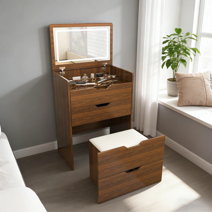 Dressing Table Vanity With Lighted Mirror - 3-in-1 Vanity Desk with Flip Top