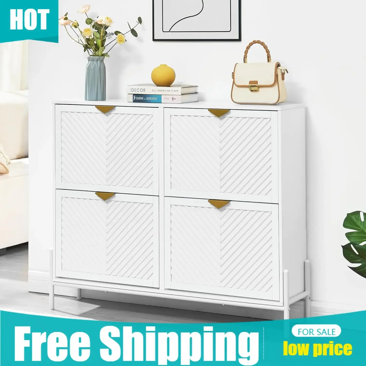 Shoe Rack Cabinet Narrow Entryway - Shoe Cabinet Storage with 4 Flip