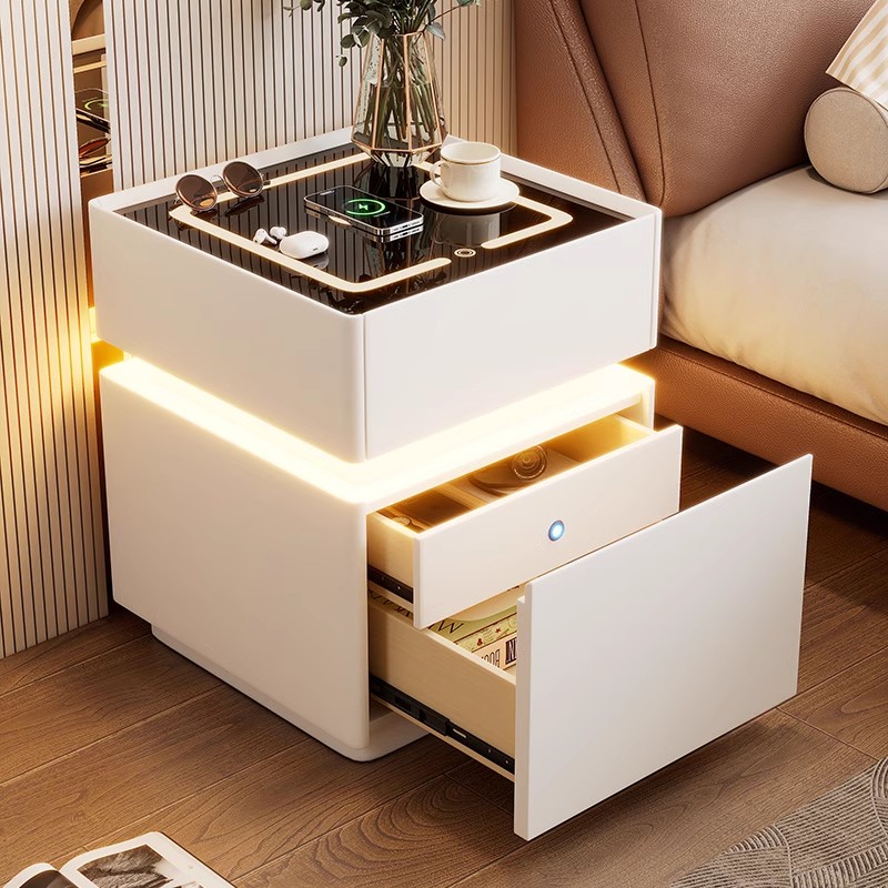 Solid Wood Nightstand 2 Drawers - Intelligent Bedside Table with Sensor Light