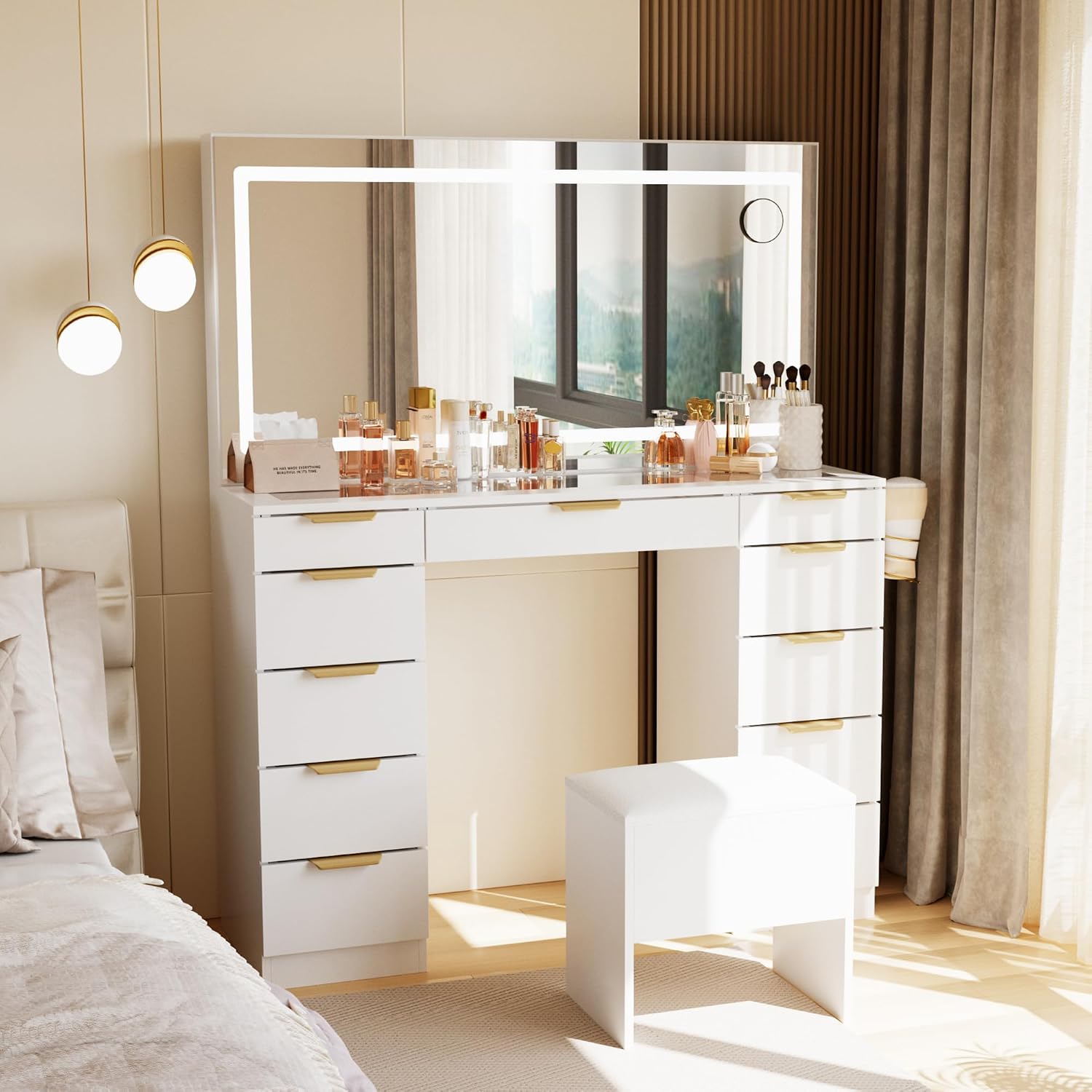 Dressing Table Vanity With Lighted Mirror - Glass Top Vanity Desk with Mirror
