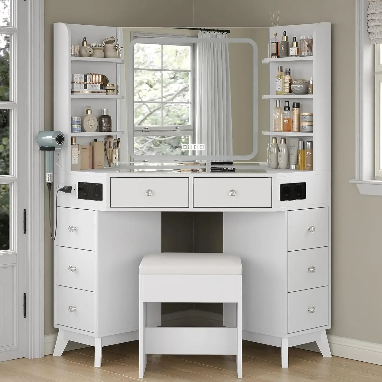 Dressing Table Vanity With Lighted Mirror - Corner Vanity Desk Speaker Drawers Shelves