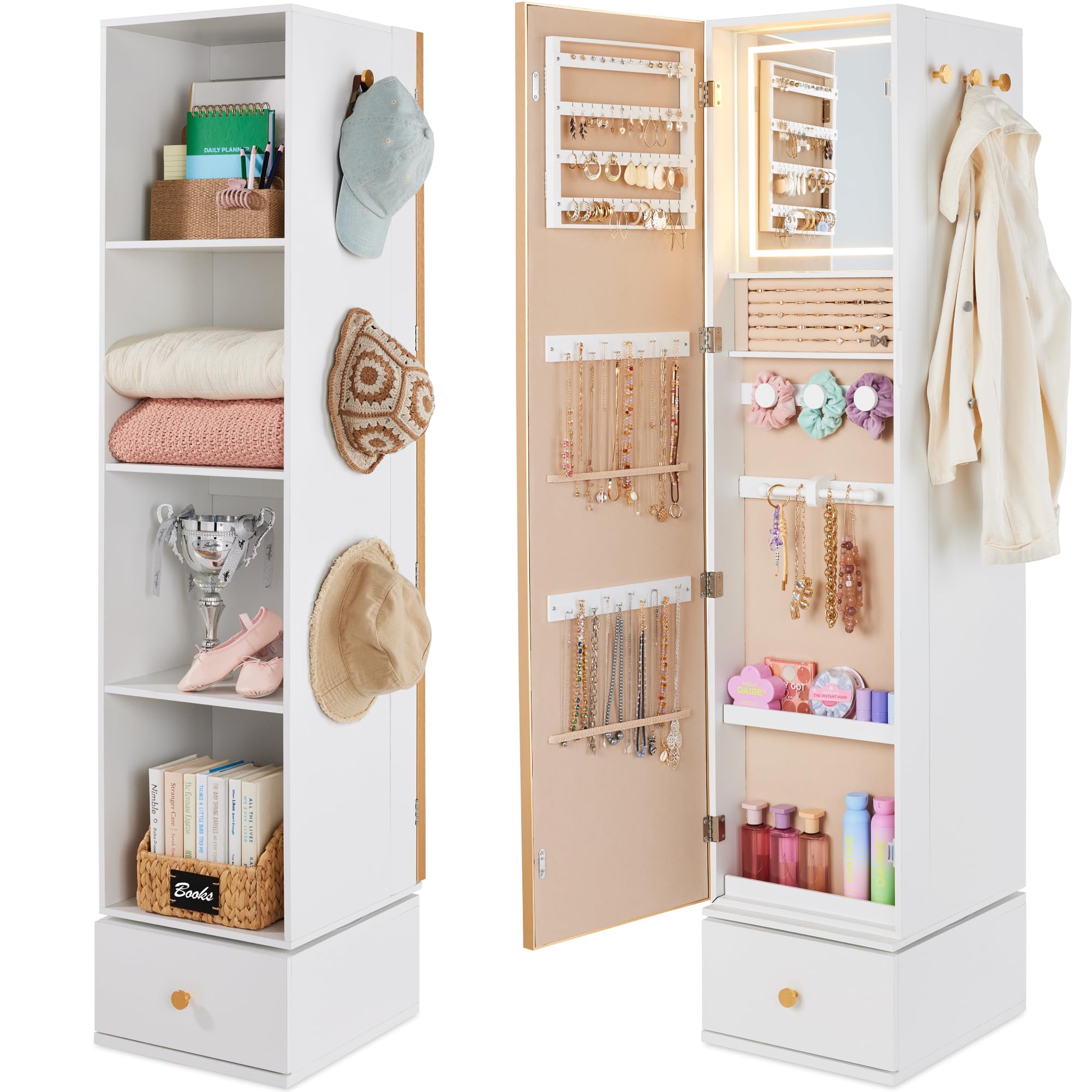 Full Length Mirror Jewelry Armoire - Rotating Mirror w/Storage Cabinet, 360 Swivel