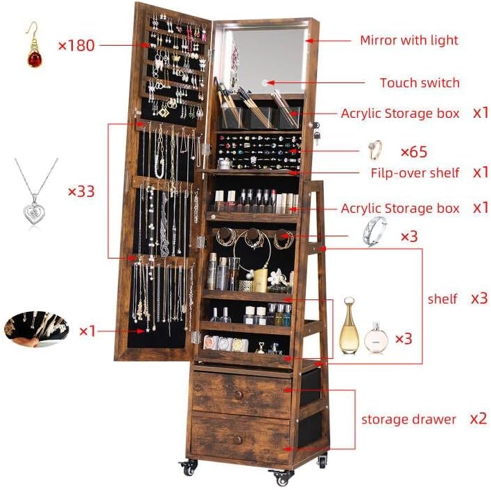 Rotating Jewelry Cabinet Vanit - Full Length Mirror Jewelry Armoire 评论和价格