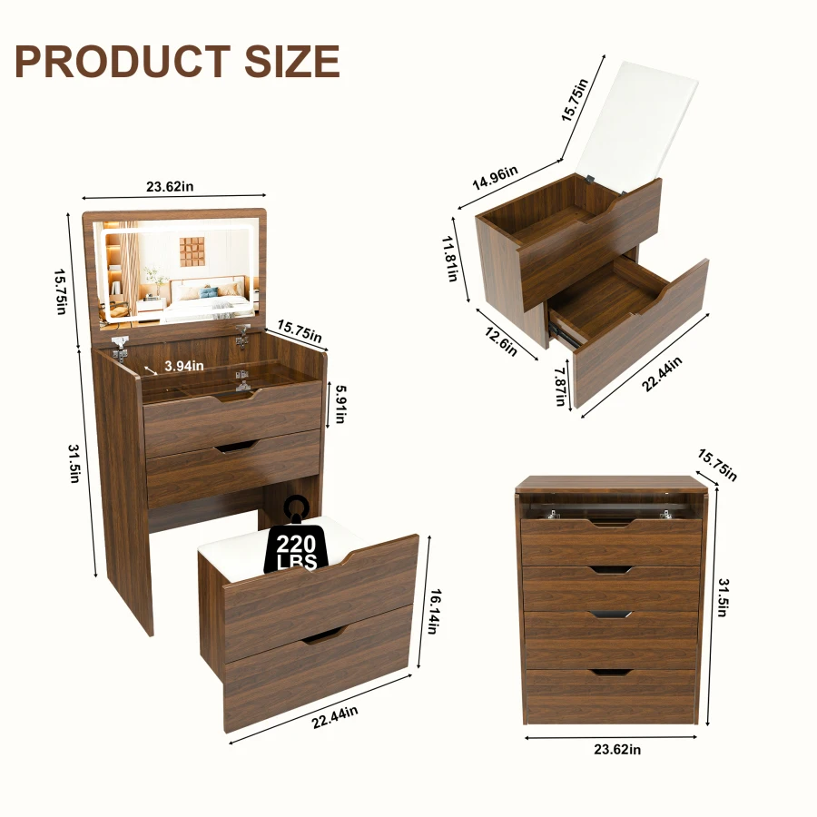 3-in-1 Vanity Desk with Flip T - Dressing Table Vanity With Lighted Mirror 评论和价格