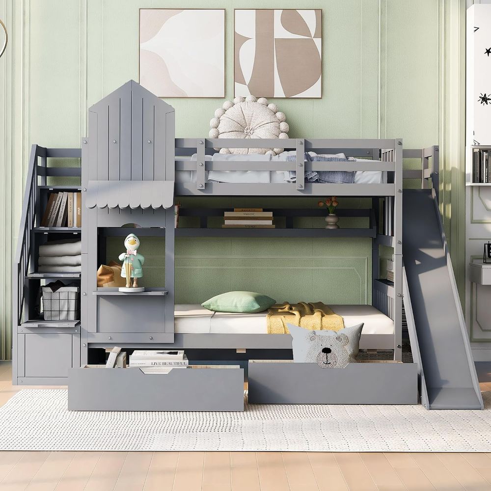 emave Kids Bunk Bed with Stair - Bunk Bed With Stairs And Slide 评论和价格