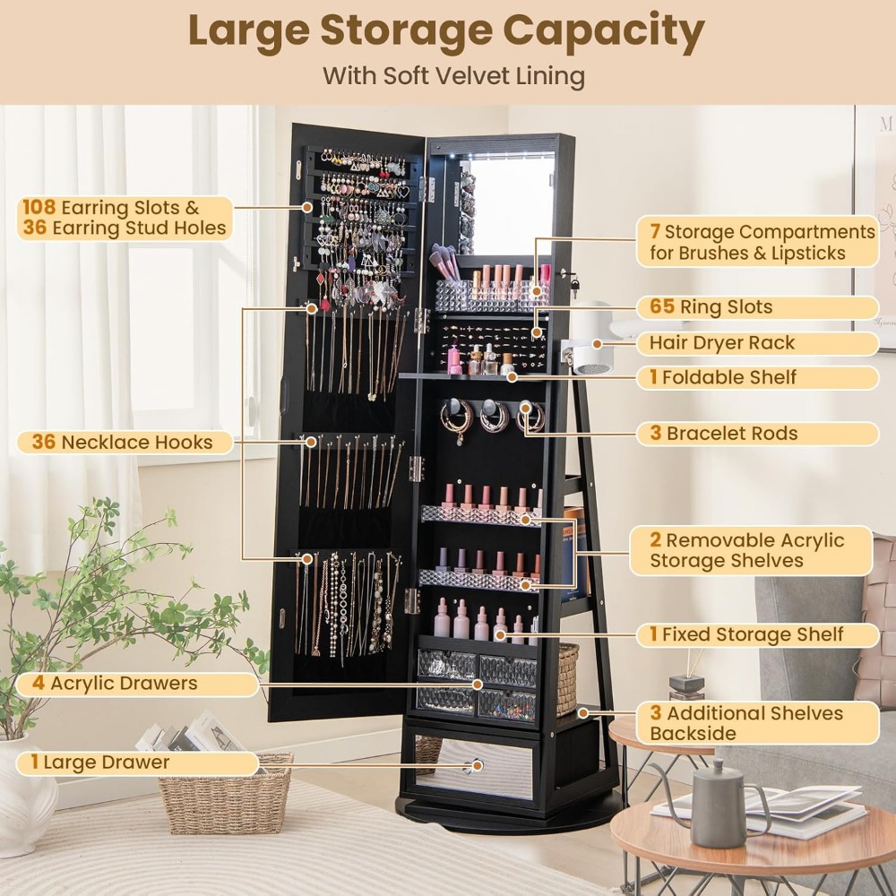 360° Swivel Jewelry Cabinet Ar - Full Length Mirror Jewelry Armoire 评论和价格