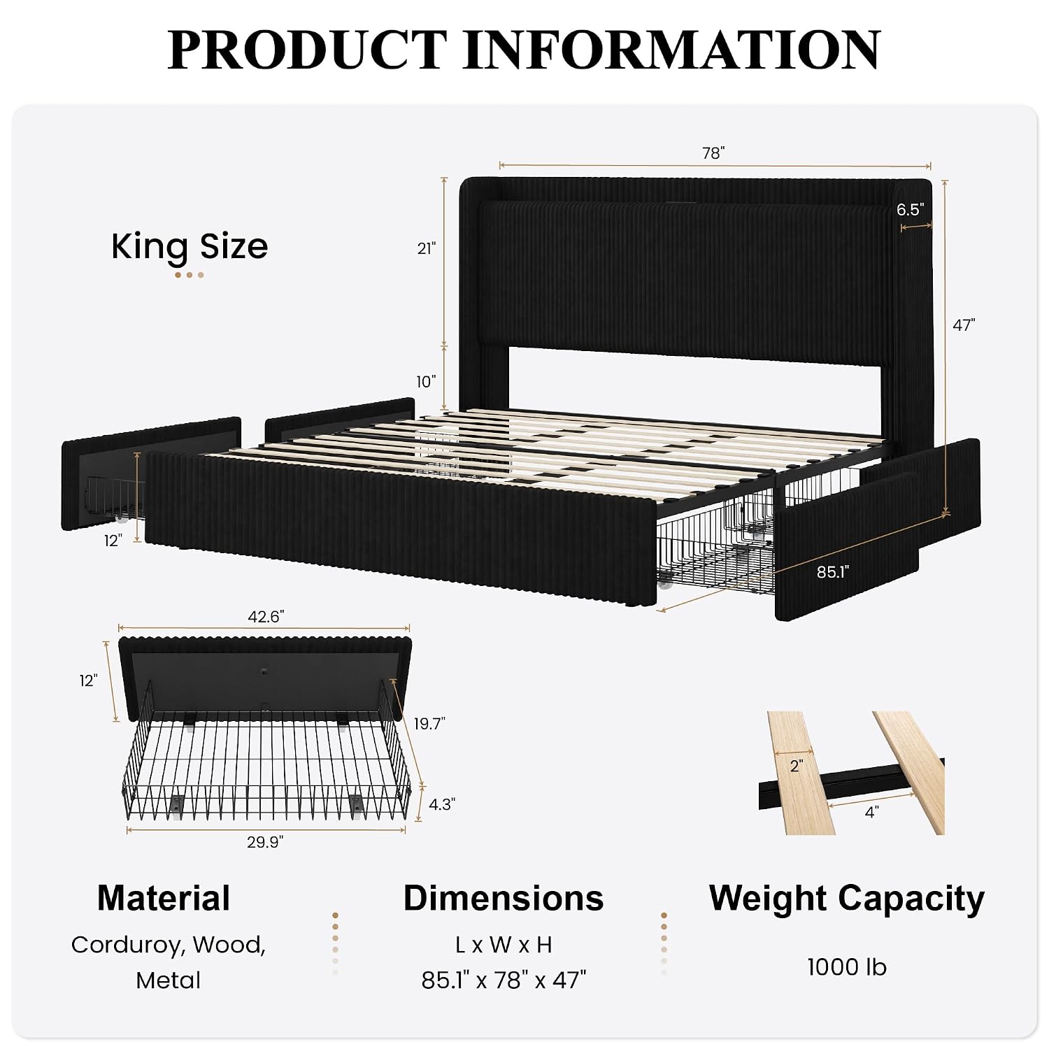 King Size Bed Frame with 4 Ove - King Size Bed Frame With Storage Drawers 评论和价格