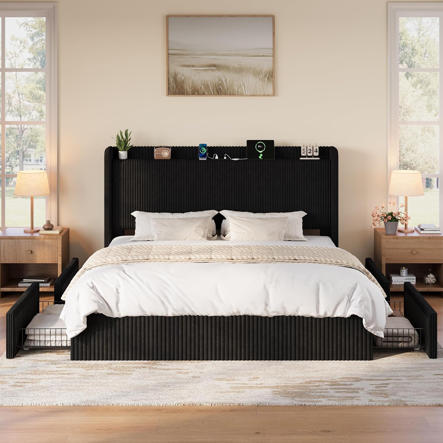 King Size Bed Frame with 4 Ove - King Size Bed Frame With Storage Drawers 评论和价格