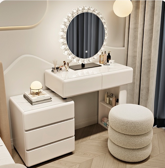 # White Wood Modern European L - Dressing Table Vanity With Lighted Mirror 评论和价格
