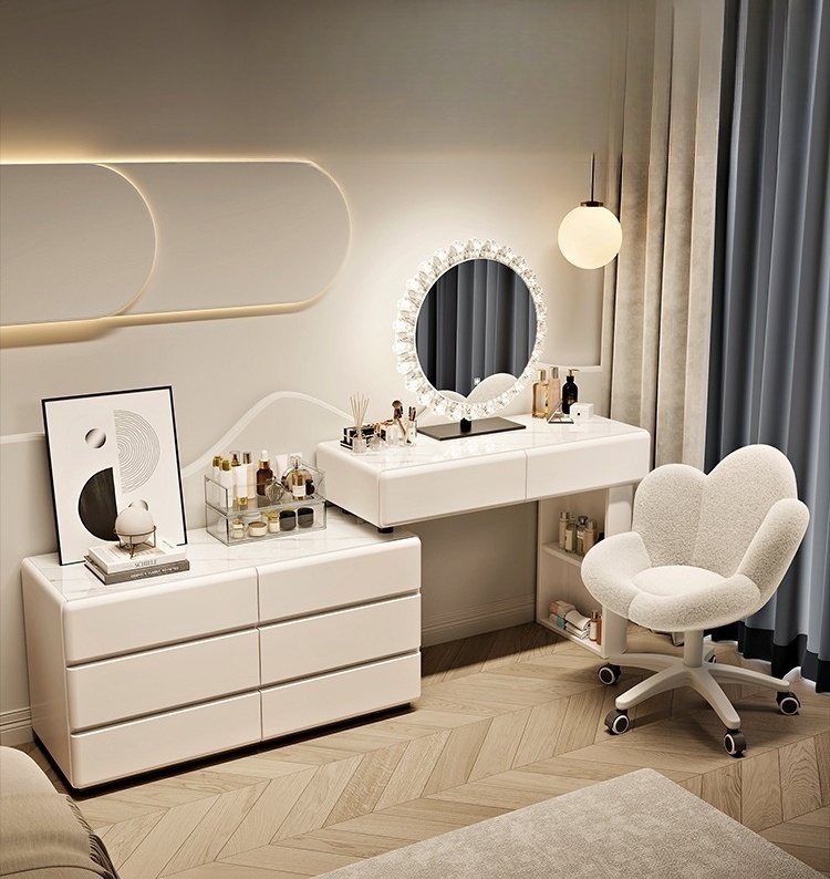 # White Wood Modern European L - Dressing Table Vanity With Lighted Mirror 评论和价格