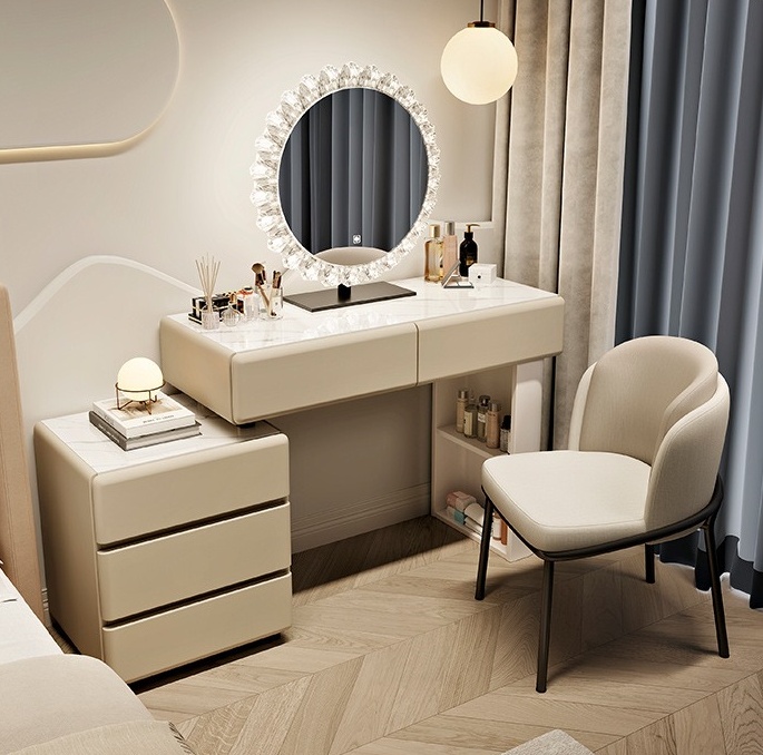 # White Wood Modern European L - Dressing Table Vanity With Lighted Mirror 评论和价格
