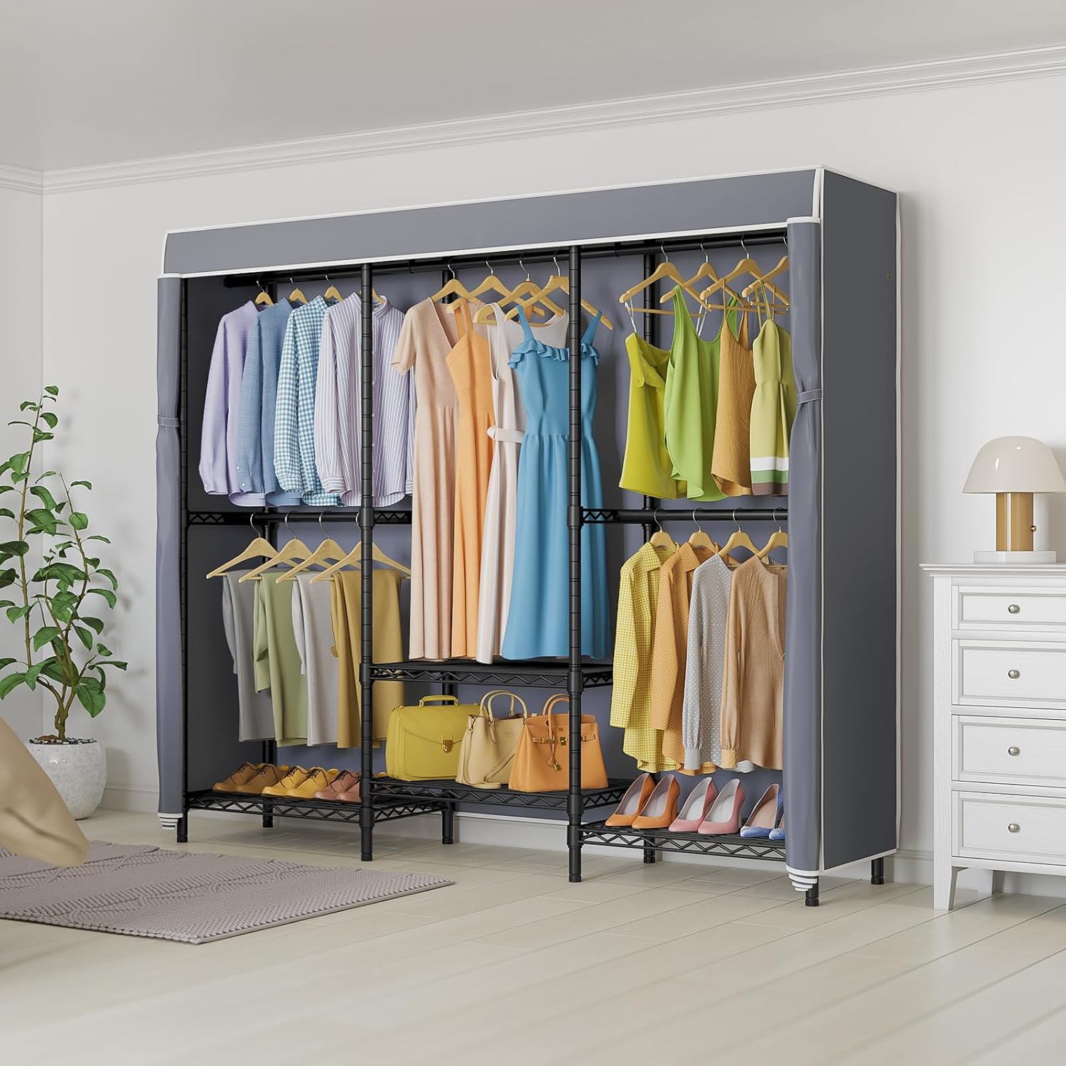 Covered Garment Rack with Adju - Wardrobe Closet Portable Fabric Cover 评论和价格