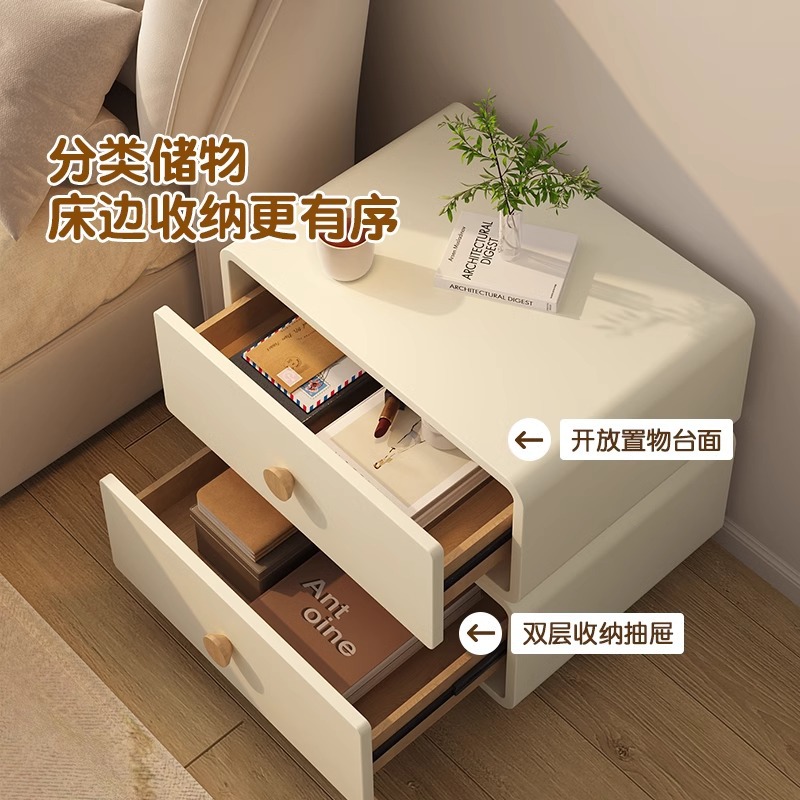 Minimalist Cream Bedside Cabin - Solid Wood Nightstand 2 Drawers 评论和价格