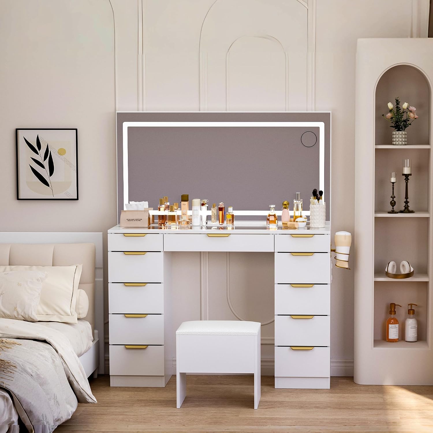 Glass Top Vanity Desk with Mir - Dressing Table Vanity With Lighted Mirror 评论和价格