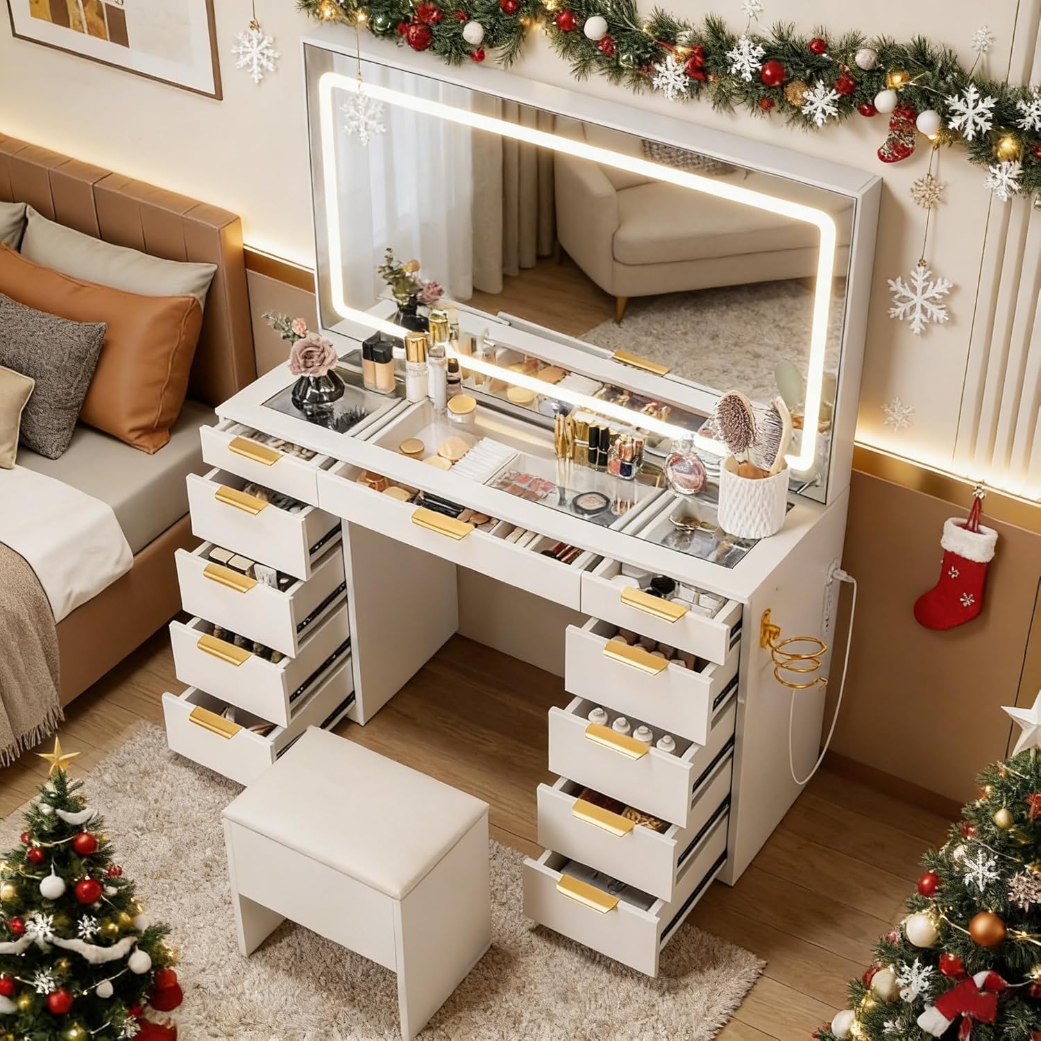 Glass Top Vanity Desk with Mir - Dressing Table Vanity With Lighted Mirror 评论和价格