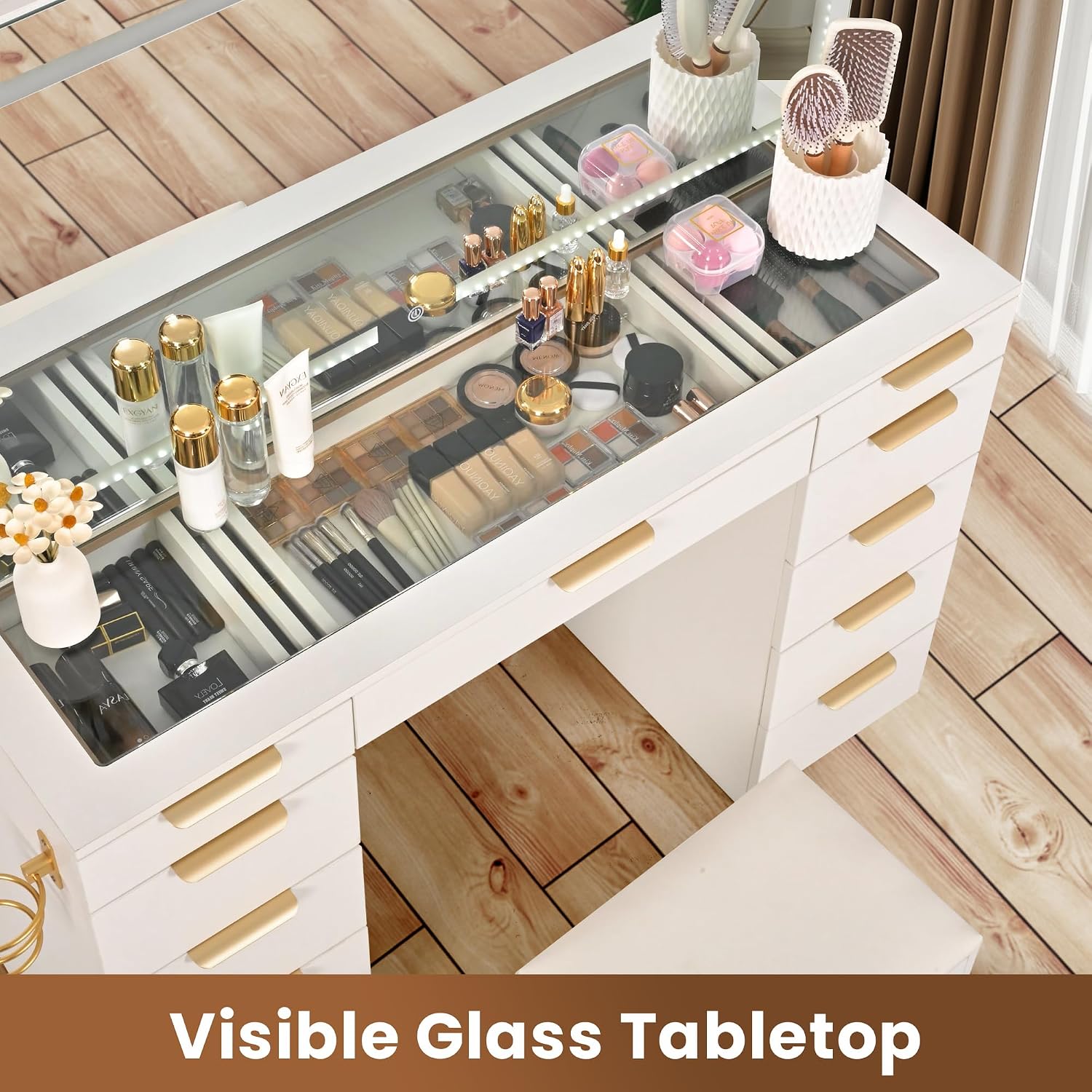 Glass Top Vanity Desk with Mir - Dressing Table Vanity With Lighted Mirror 评论和价格