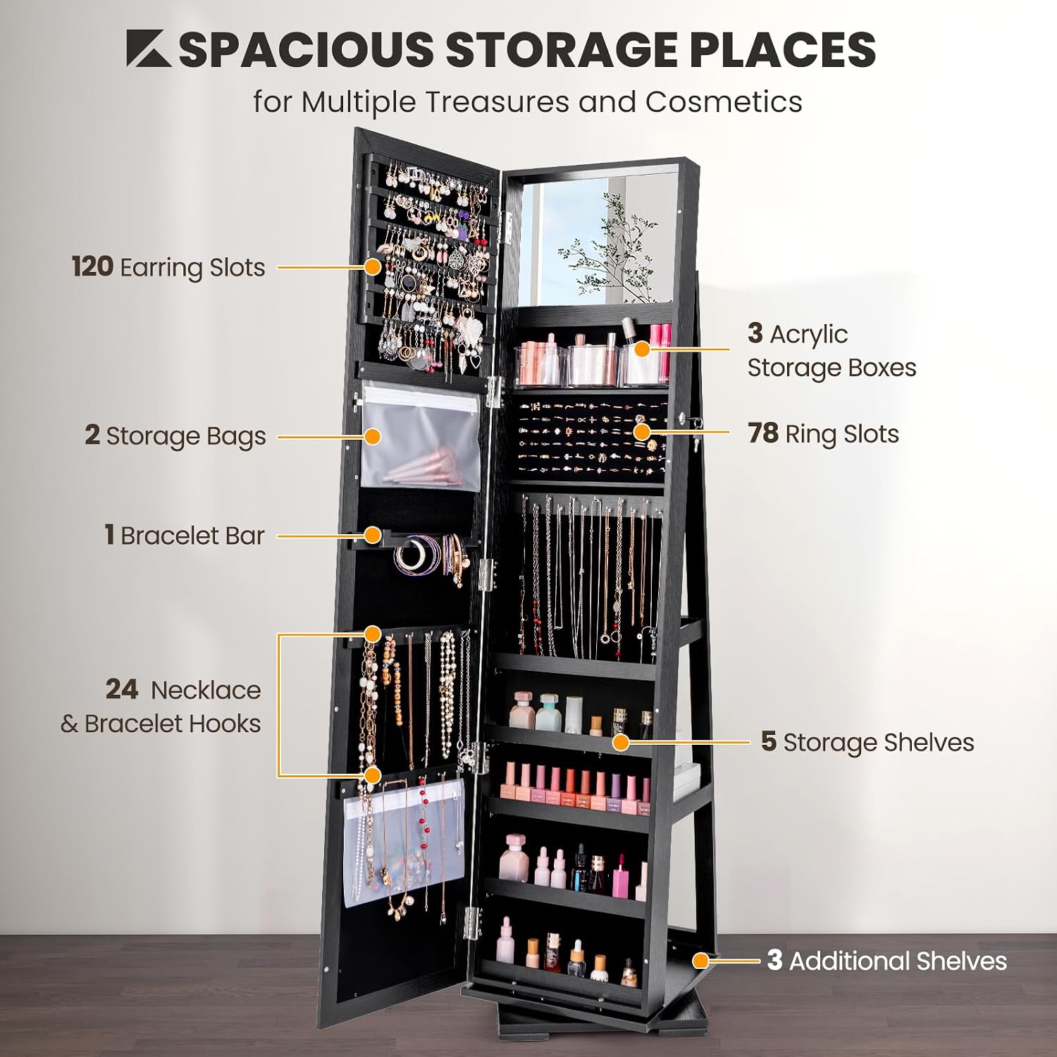 Black Standing Lockable 360 Sw - Full Length Mirror Jewelry Armoire 评论和价格