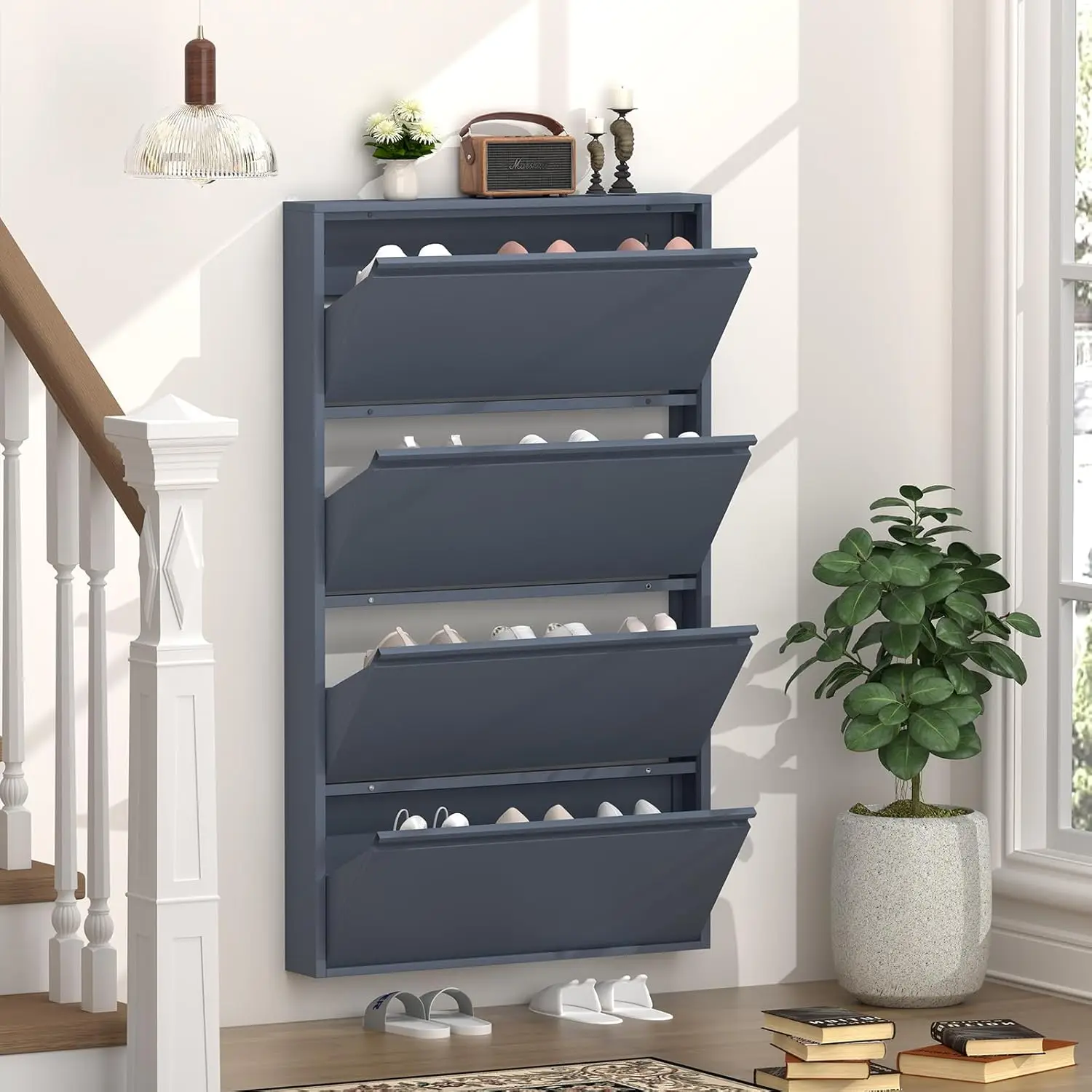 Shoe Cabinet with 4 Flip Drawe - Shoe Rack Cabinet Narrow Entryway 评论和价格